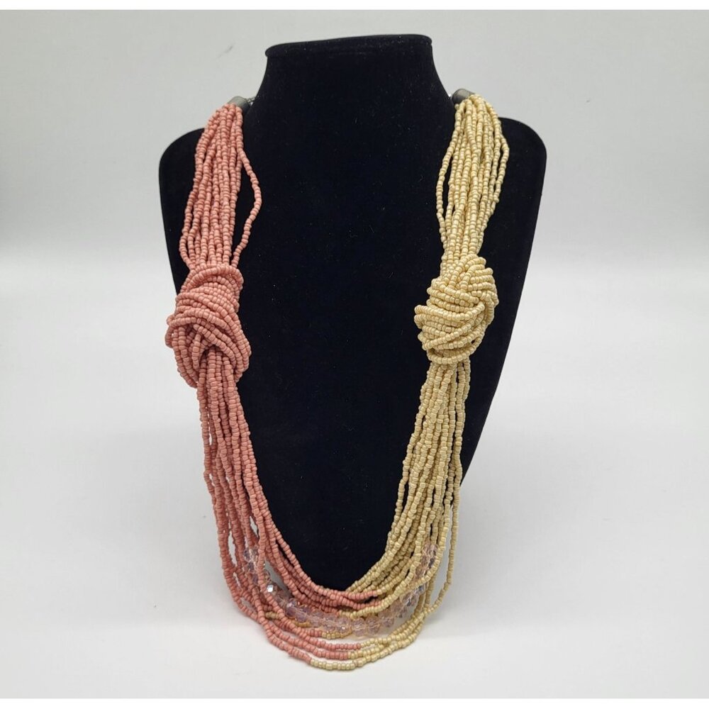 Coco Seed Beaded Multi Strand Knotted Necklace Pink Cream Faceted Beads